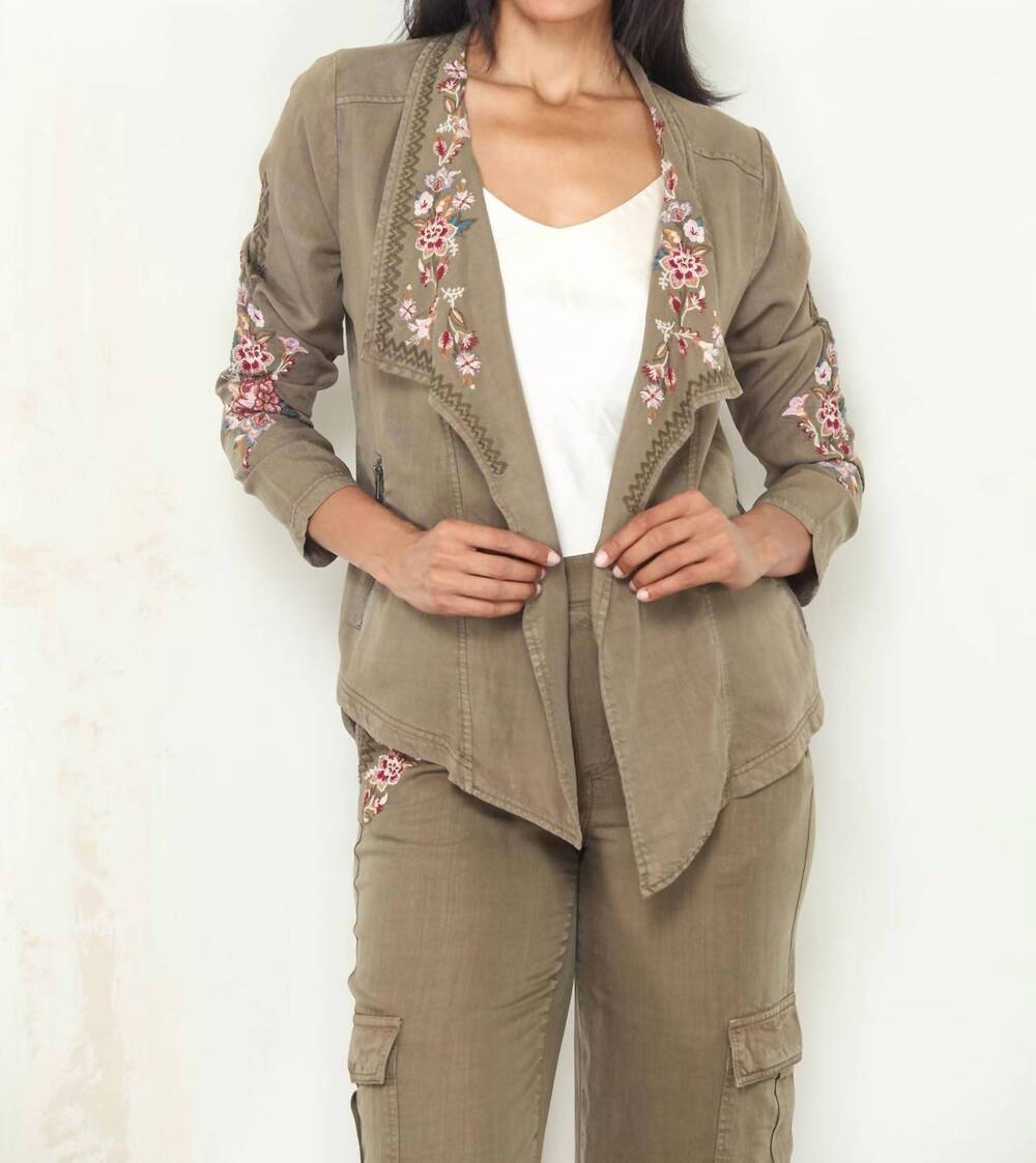 NEW PAPARAZZI tencel embroidered open front cardigan jacket in olive